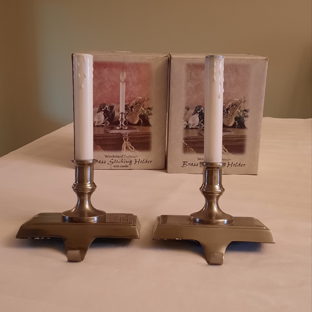 Vintage 2000 Brass Christmas Stocking Holder with Candle NW